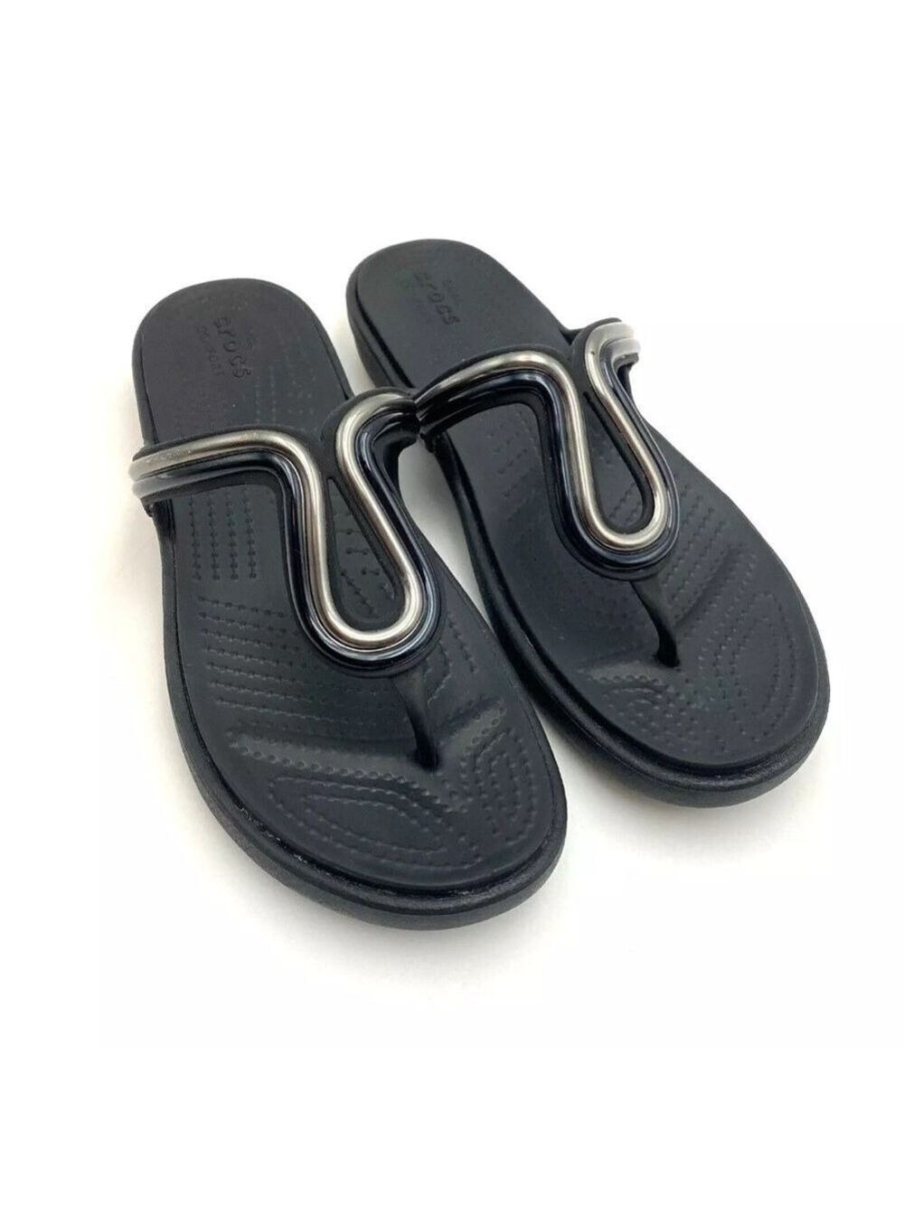 Crocs Dual Comfort Women's Sanrah Thong Flip Flop Sandals Black/Silver Sz 10